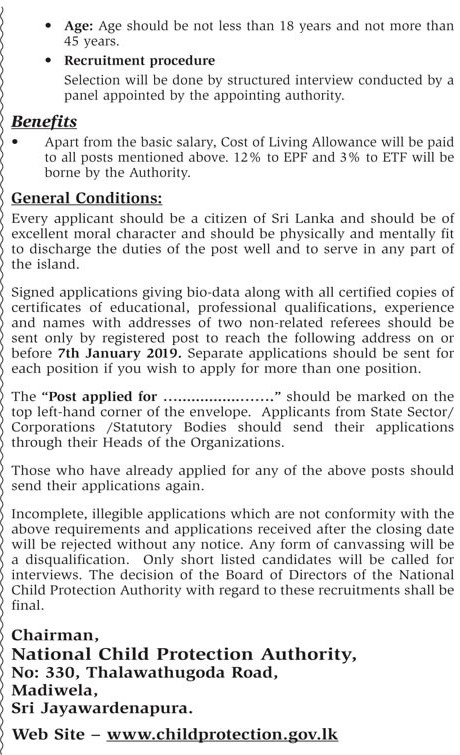 Management Assistant, Accounts Assistant, Manager, Programme Officer, Media & Information Officer, Translator, Investigation Assistant, Child Protection Officer, Driver, Messenger & more Vacancies - National Child Protection Authority